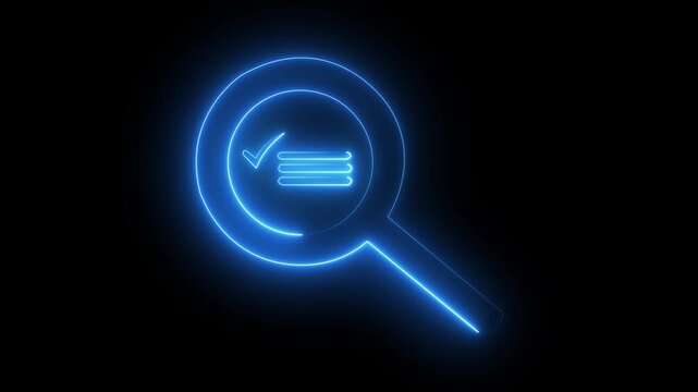 Glowing neon line Magnifying glass with check mark icon animated on black background. 4K Video motion graphic animation