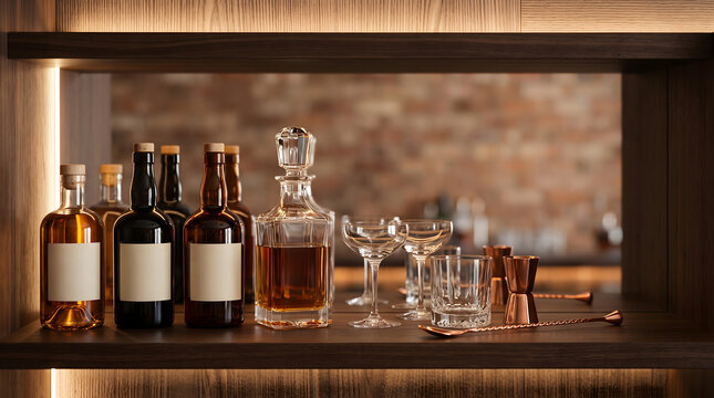 liquor bottles and barware on shelf with brick background