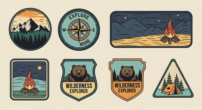 Vintage style outdoor adventure and camping badges