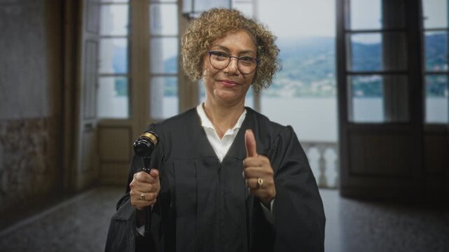 Woman judge in robe wearing glasses and white collar holds gavel and gives thumbs up gesture in building with balcony view; confidence authority.