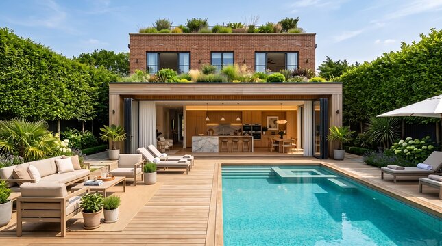 Modern luxury residence outdoor patio with swimming pool wooden deck outdoor sofa and open plan kitchen.