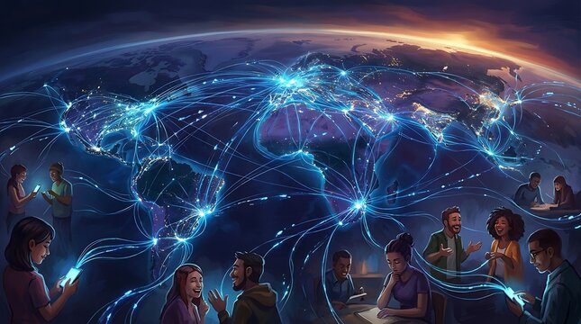 People using smartphones are connected to a illuminated global digital network overlaid across planet Earth, demonstrating social media interaction, worldwide communication, and data flow.