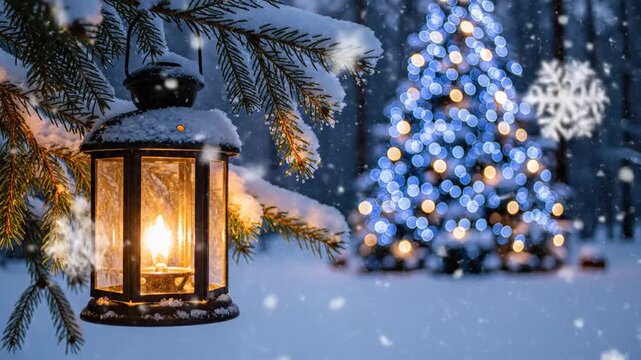 Glowing lantern on snowy pine branch with bokeh Christmas tree