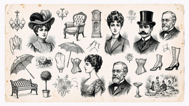 Vintage Victorian era illustrations collection. Antique engraving style historical graphics.