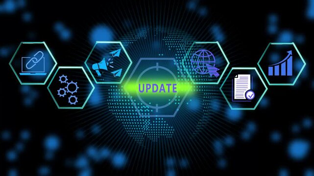 Digital system update concept featuring futuristic hexagonal interface with global network connectivity, data analytics, software optimization, and cyber security symbols on a dark background