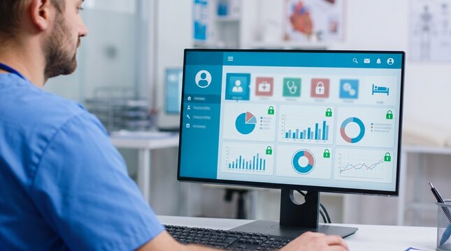 Doctor Analyzing Medical Data on Computer Screen in Clinic.