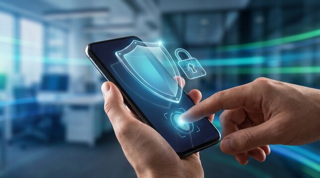 Smartphone security concept with digital shield and padlock icons on screen.
