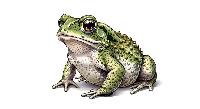 Green speckled toad sitting on a white background