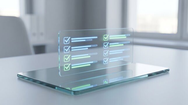 Futuristic holographic interface displaying checklist on a modern table.