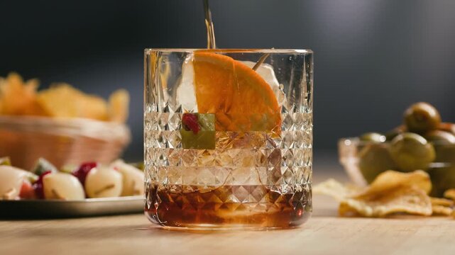 Bartender preparing a traditional Spanish red vermouth or classic Negroni and Americano cocktail at the bar. Professional mixology, aperitif culture, bar service, close-up in a restaurant or cafe.