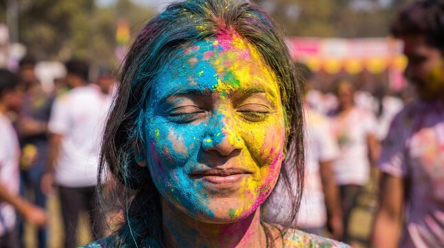 Young Woman Covered in Vibrant Colors During Holi Festival Celebration.