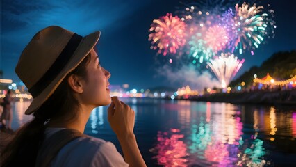 Fototapeta premium Close Up Tourist Watching Fireworks Reflection on River During Night Festival