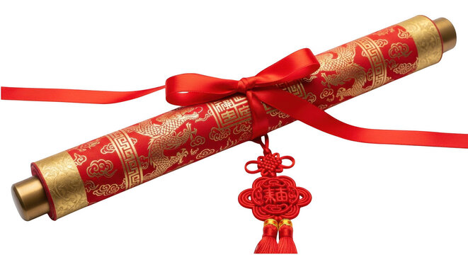 Red chinese scroll with gold decor isolated on transparent background
