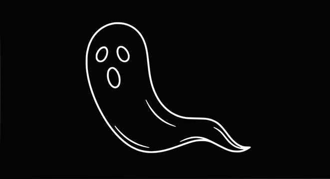 Simple White Ghost Outline on Black Background, Halloween Character, Spooky Fun