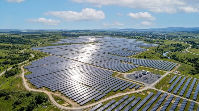 Aerial View of Large Solar Farm with Substation in Rolling Rural Landscape