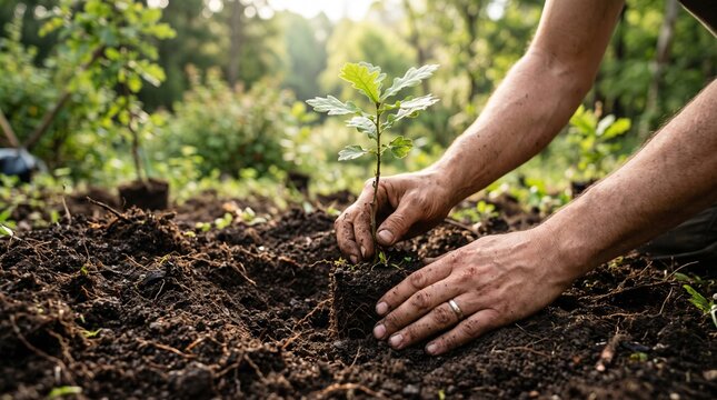 Hands Planting Oak Sapling in Forest Soil Close-Up