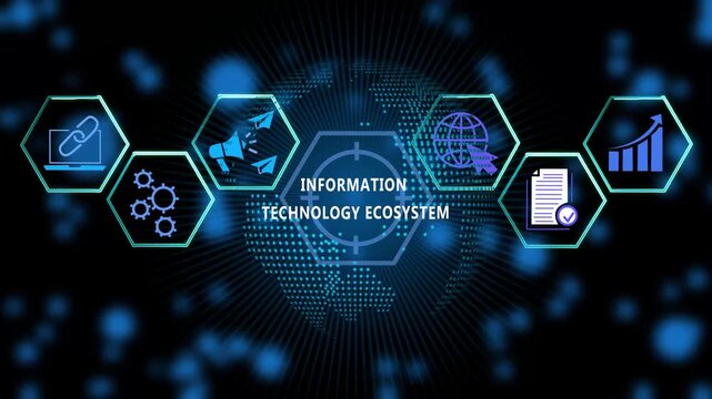 Dynamic information technology ecosystem infographic featuring digital hexagonal global network connectivity, data analytics growth, and modern cyber infrastructure concepts for corporate media