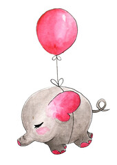 A baby elephant flying by a pink balloon on a transparent background. PNG file. Handmade watercolor painting.