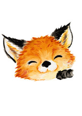 Cute smiling red fox on a transparent background. PNG file. Handmade watercolor painting.