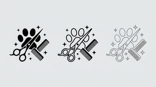 Set of pet grooming icons with dog paw print scissors and comb for professional animal care services and salon branding design