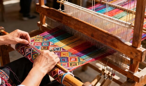 Photorealistic first-person view of a silk weaver creating fine fabric on a traditional wooden handloom