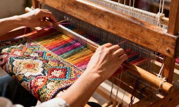 Photorealistic first-person view of a silk weaver creating fine fabric on a traditional wooden handloom