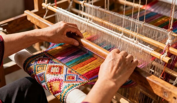 Photorealistic first-person view of a silk weaver creating fine fabric on a traditional wooden handloom