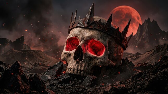 Human skull wearing a dark crown with glowing red smoke in a mysterious and moody fantasy background