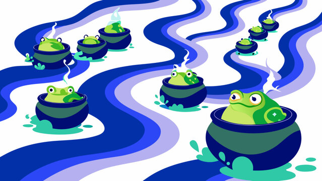 Editorial funny frogs in magic potions vector illustration with cauldron halloween creature mystical steaming