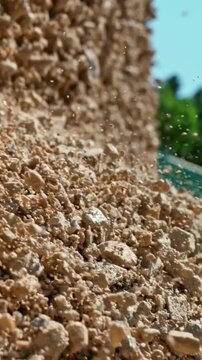 Industrial wood chips falling into a transport container at a sawmill
