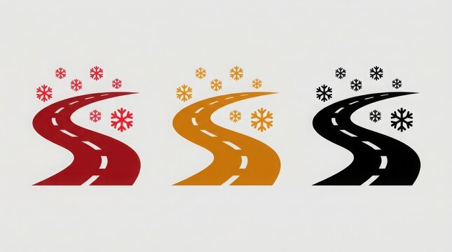 Set of three colorful winding road icons with falling snowflakes representing winter driving and travel conditions in flat style
