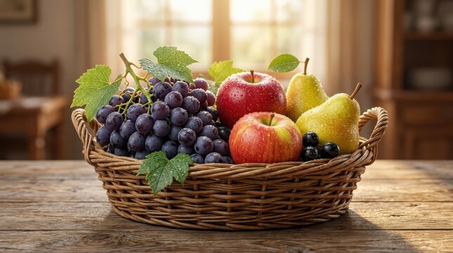 Fresh mixed fruits including red apples green pears and dark grapes in a rustic woven wooden basket on a wooden table in the kitchen