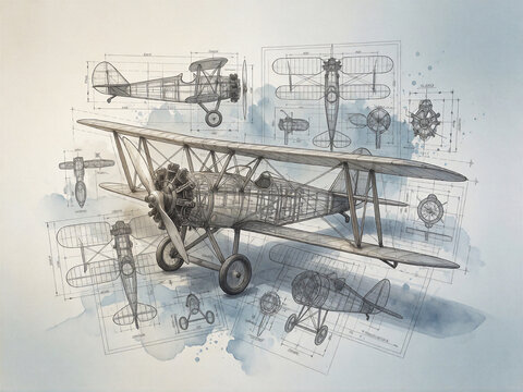 Vintage biplane technical blueprint illustration