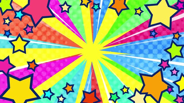 目立つ星と模様の入ったカラフルな集中線背景動画。激しく光る黄色いサンバーストアニメーション