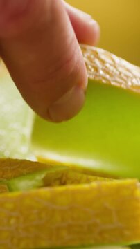 Melon close up, man cutting Watercolor of a whole melon and slice, summer juicy fruit