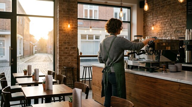 A female barista wearing a green apron prepares fresh coffee at an espresso machine inside a cozy brick cafe with large glass windows as warm morning sunlight illuminates the street outside.