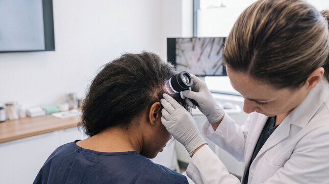 Dermatologist examining patient scalp with dermatoscope in a modern medical clinic consultation room