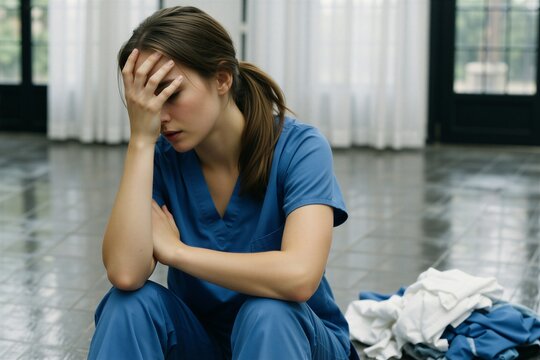 Young woman in blue scrubs sits alone, displaying signs of mental health struggles and burnout.