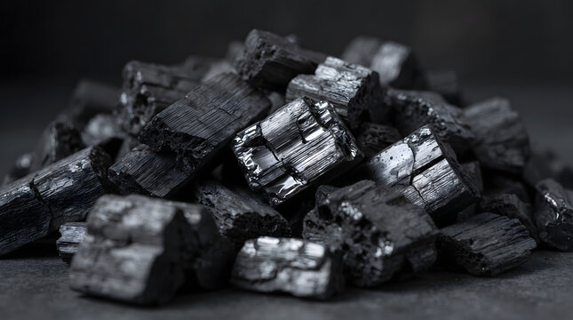A close-up shot of a heap of natural black wood charcoal briquettes. The dark carbon lumps feature a mix of rough matte textures and wet, shiny reflective surfaces, ideal for BBQ fuel, energy, or i...