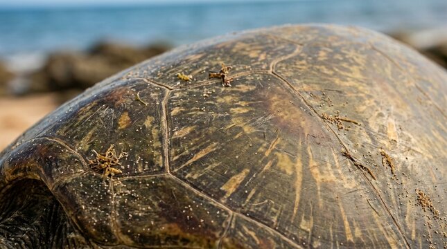 Close-up of a Turtle Shell on a Beach Shoreline Scene