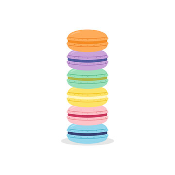 2d flat illustration style "food", isolated on white background. No texts. A small stack of colorful macarons with delicate cream filling, presented in an elegant and cheerful flat illustration.