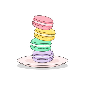 2d flat illustration style "food", isolated on white background. No texts. A small stack of colorful macarons with delicate cream filling, presented in an elegant and cheerful flat illustration.