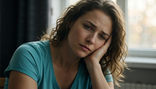 Woman with curly hair shows signs of burnout while resting her head in contemplation near a window.