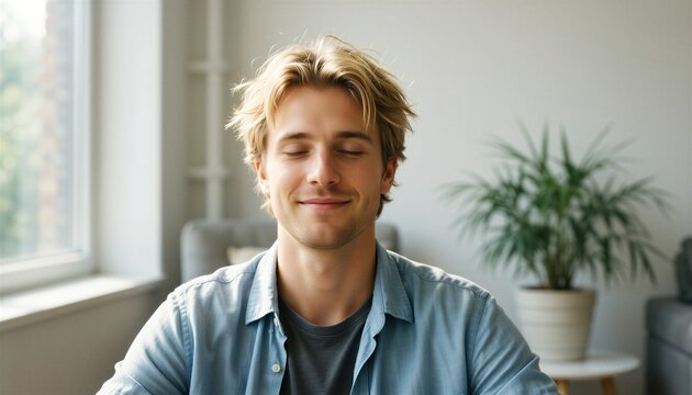 Young man practices mindfulness with closed eyes, embodying peace and self-care in a naturally lit, serene indoor setting.
