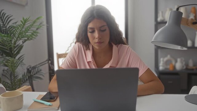 Teenage woman seated at desk typing on laptop, looking toward camera, with smartphone, notebook and mug visible in studio; focused productivity.