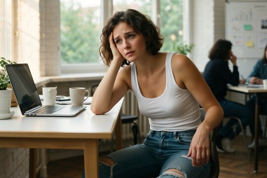 Woman experiencing workplace stress and mental health strain while working at a modern office desk.
