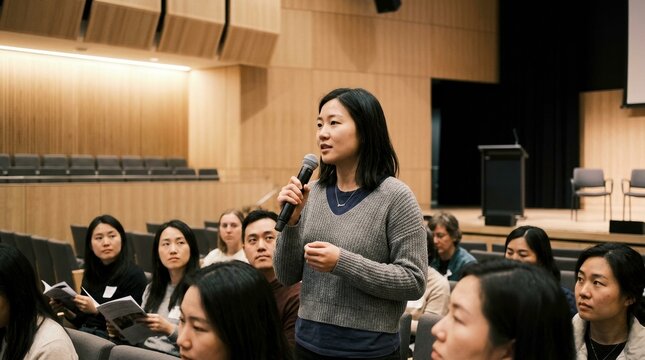 Engaged Audience at Conference with Speaker Asking Question