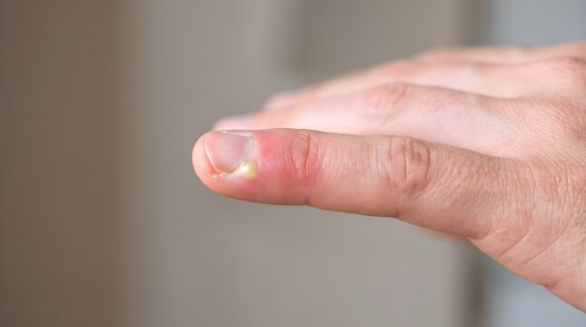 Macro Close Up of Paronychia Bacterial Nail Fold Infection with Pus on Finger
