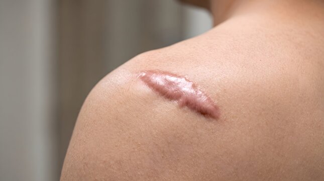 Macro Photograph of Raised and Shiny Keloid Scar on Shoulder Skin, Medical Stock Photo
