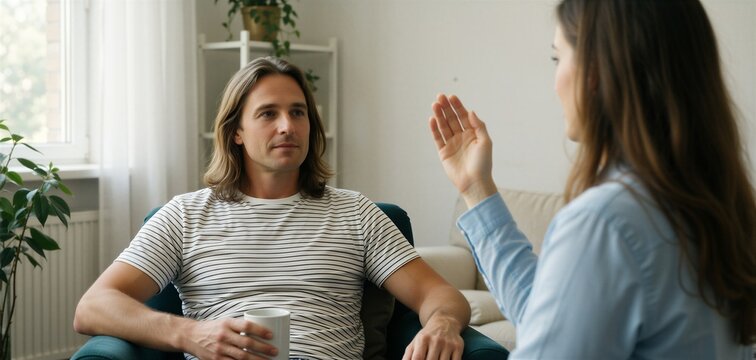 Therapy session in a cozy setting, focusing on mental health support between a client and a therapist.